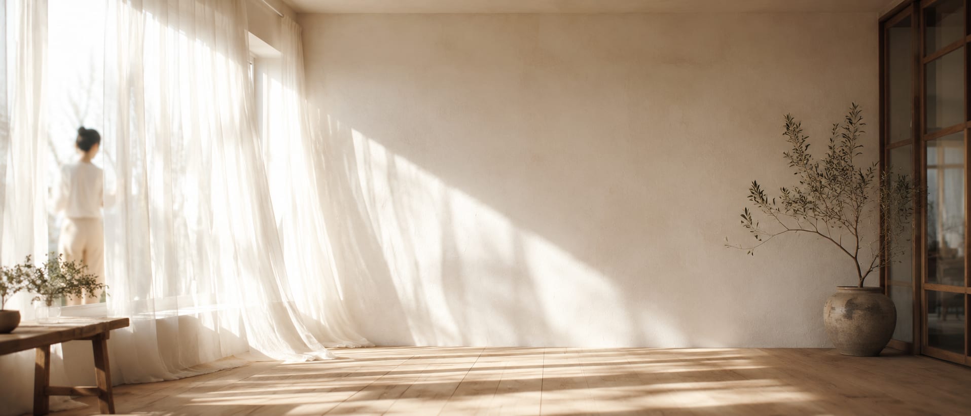 An empty sunlit room, curtains moving in full morning light