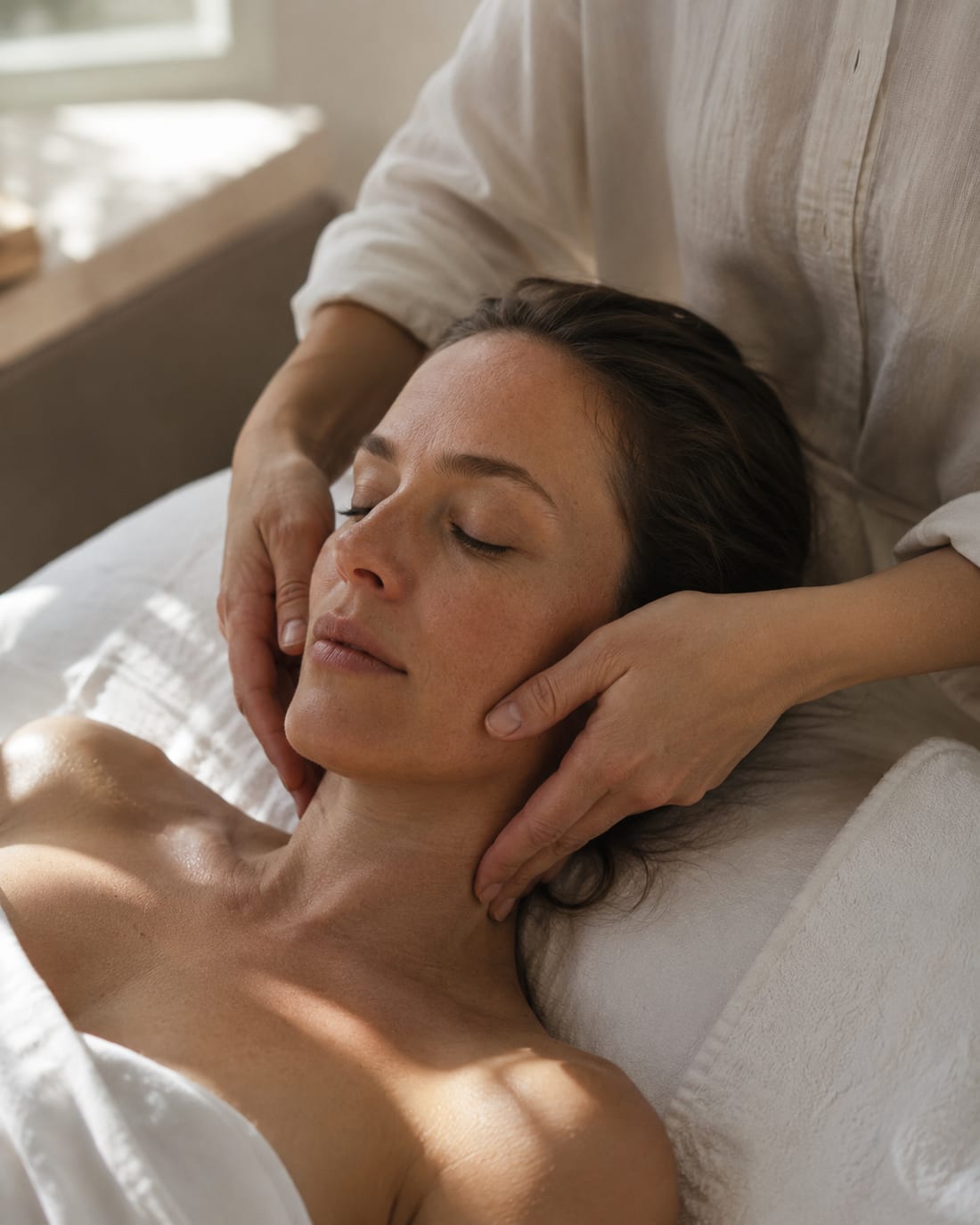 Hands resting either side of a client's face during treatment